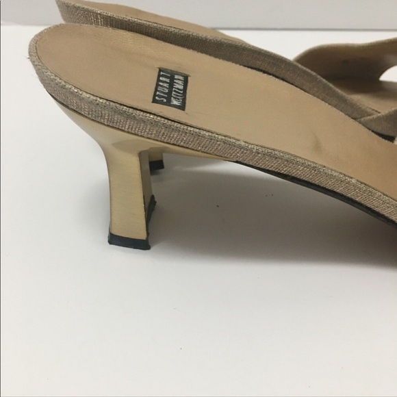 Stuart Weitzman size 10 muted gold /tan metallic gold linen look slides like new - Picture 11 of 14